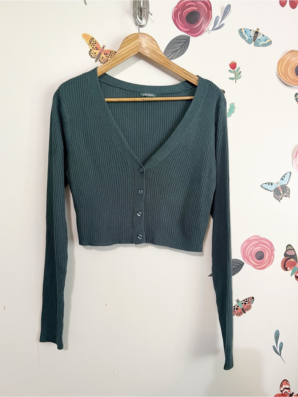 wild fable Teal Ribbed Button-Front Cropped Cardigan